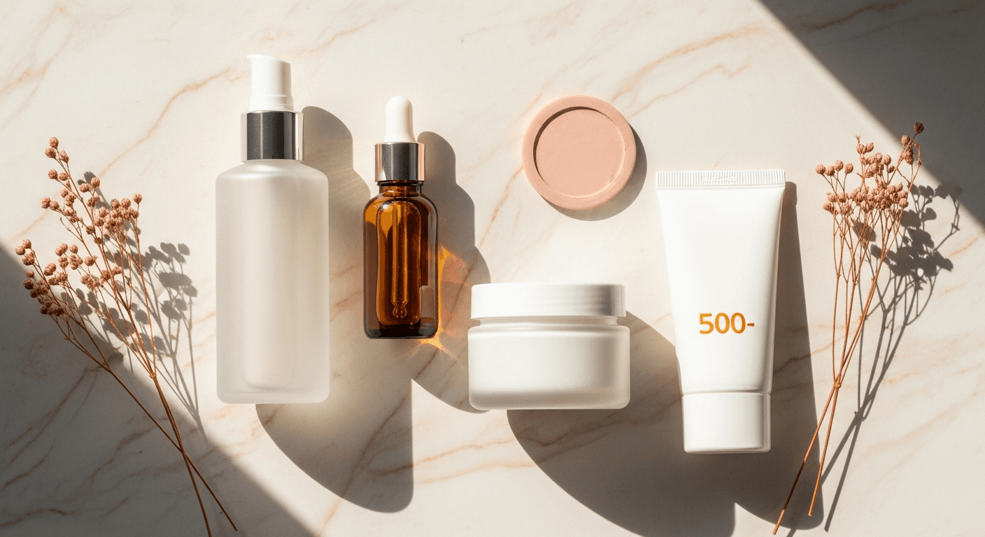 Minimal skincare routine essentials on clean marble surface