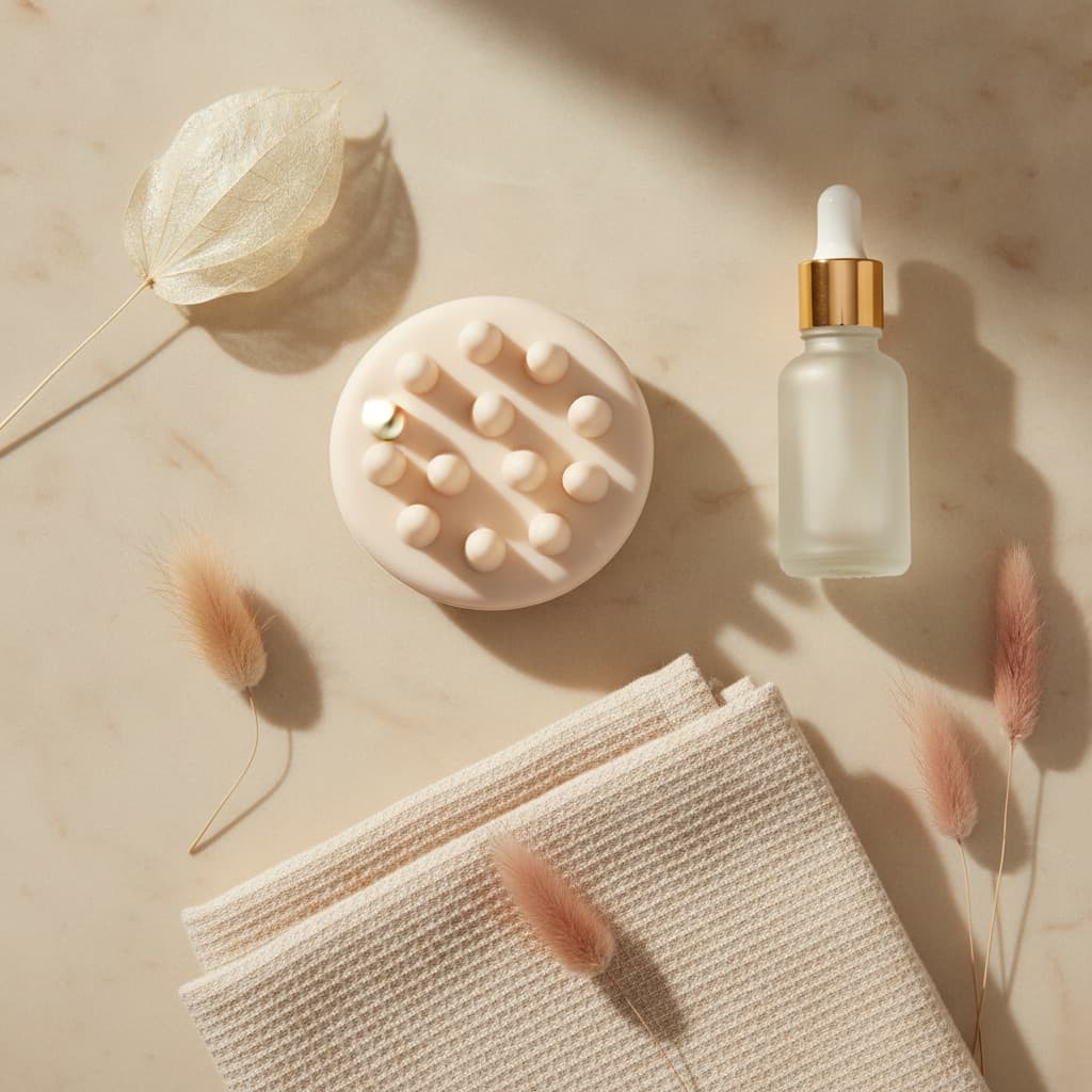 Une brosse de massage en silicone et un flacon ambré sans étiquette sur une serviette ivoire
