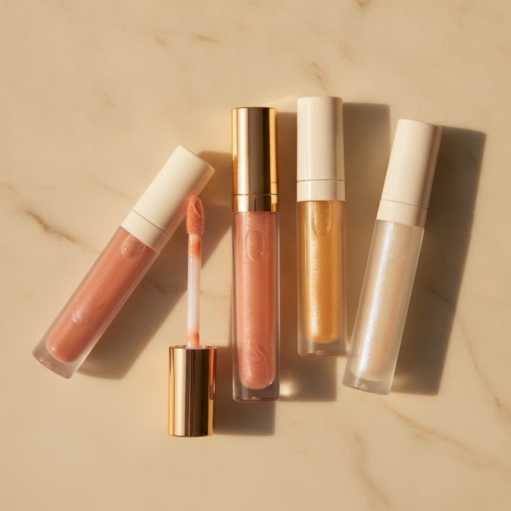 Huile à lèvres teintée dorée entourée de ses dupes glossy sur fond crème, applicateurs pinceau, lumière douce éditoriale