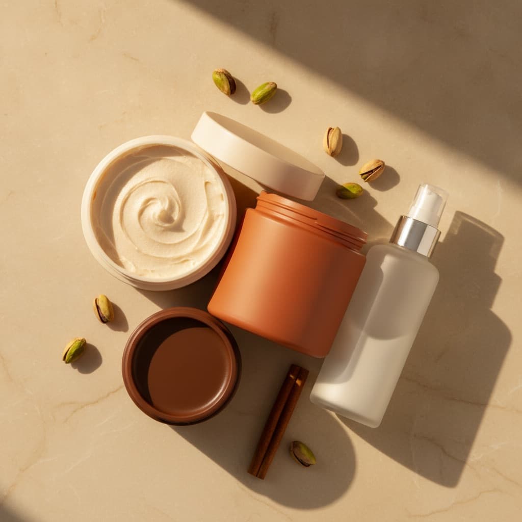 Pot de crème corps orange Sol de Janeiro Bum Bum entouré de ses dupes gourmands sur fond crème, lumière dorée estivale