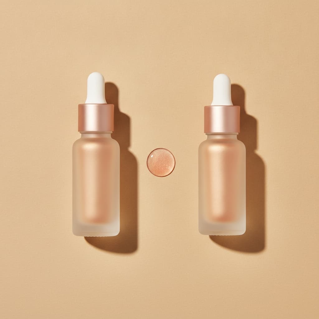 Deux illuminateurs liquides côte à côte sur fond beige minimaliste