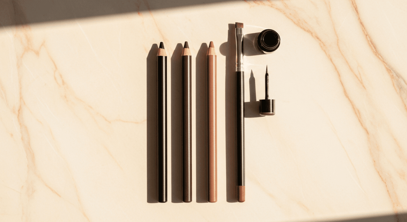 Three types of eyeliner lined up on a white matte surface