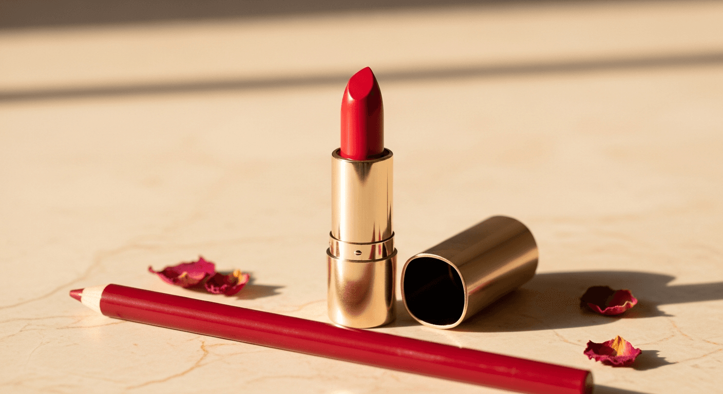Lipstick and lip liner application tools on marble
