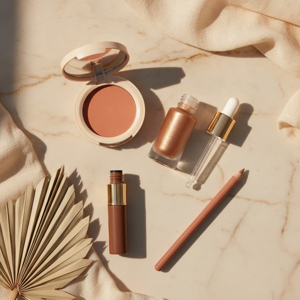 Composition éditoriale : palette de bronzeur crème, tube de blush liquide terracotta, mascara brun et crayon à lèvres nude sur marbre crème, lumière dorée