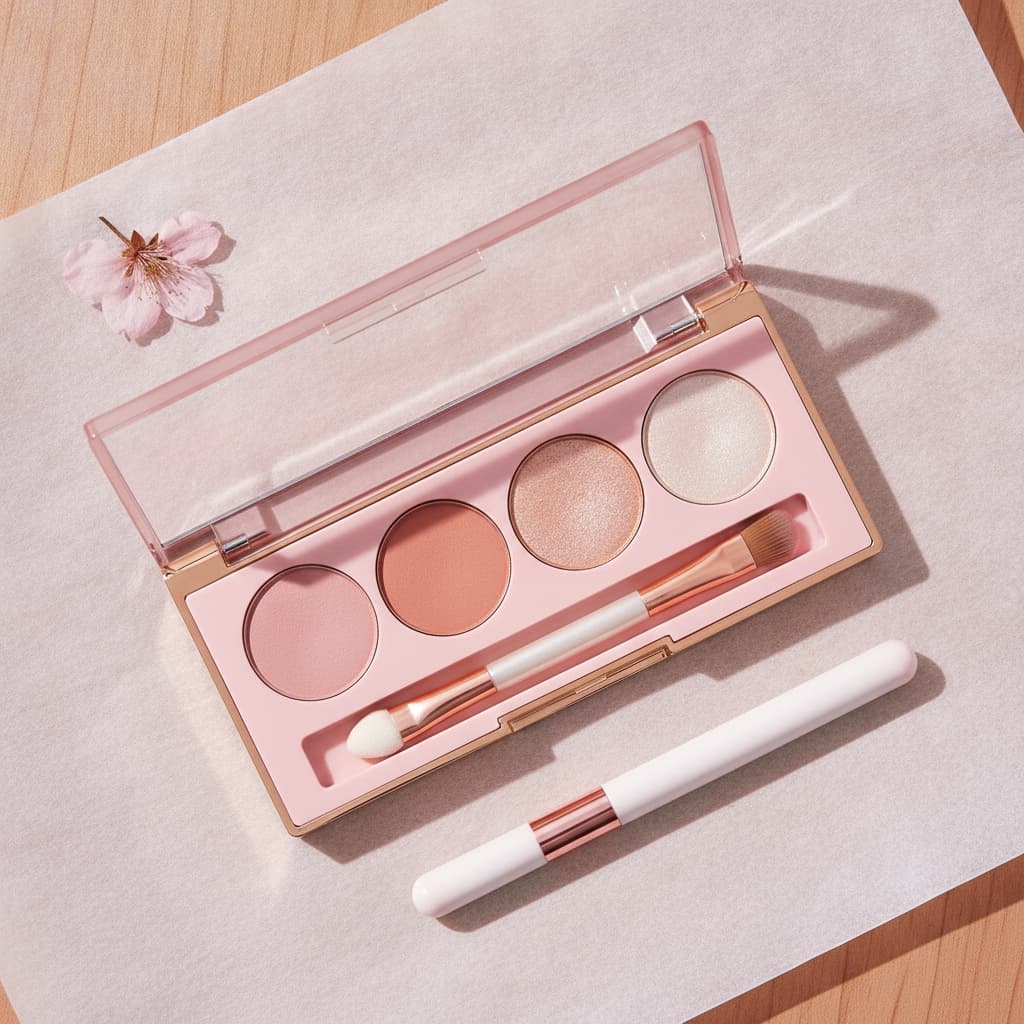 Palette eyeshadow K-beauty avec pinceau plat et crayon highlighter sur fond rose poudré
