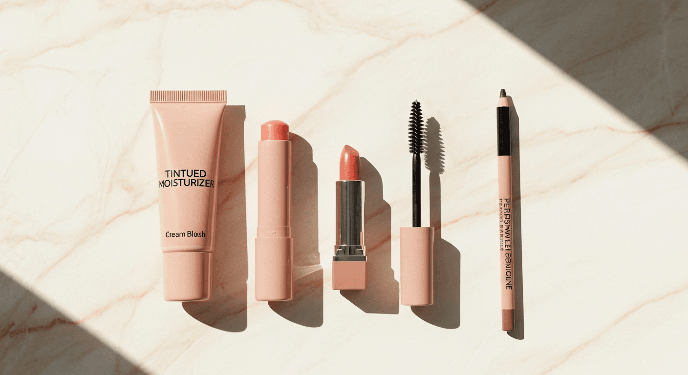Minimal everyday makeup essentials on clean vanity surface