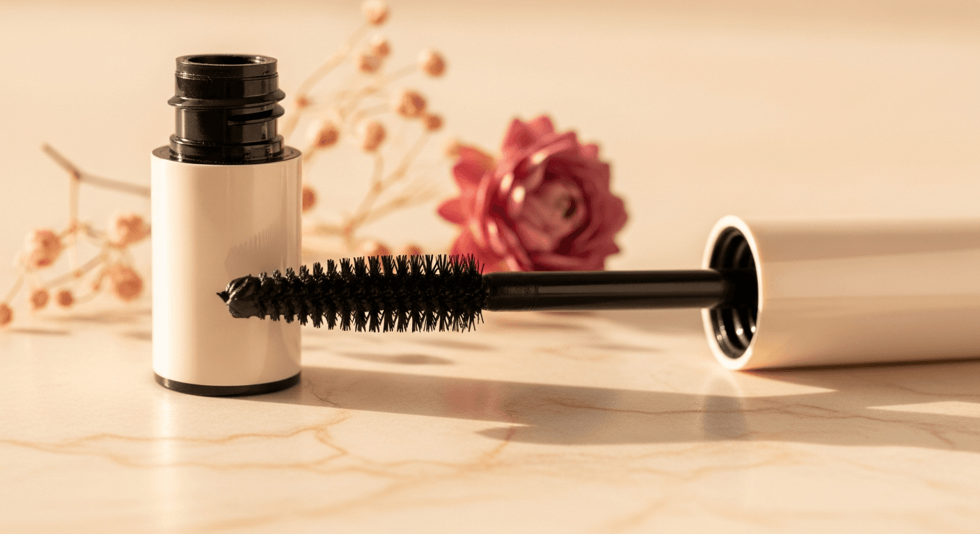 Mascara wands and eye makeup products on ivory surface