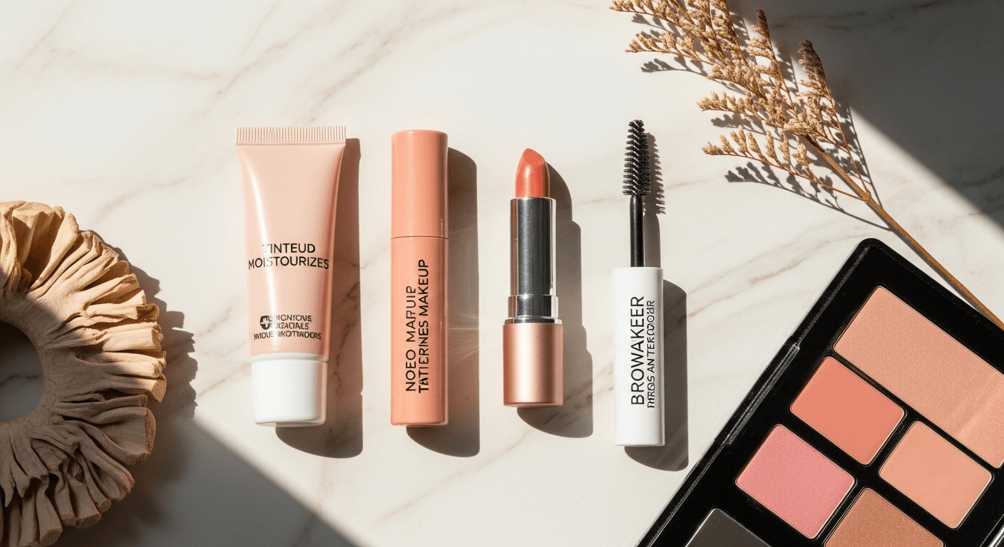 Minimal natural makeup flat lay on beige surface