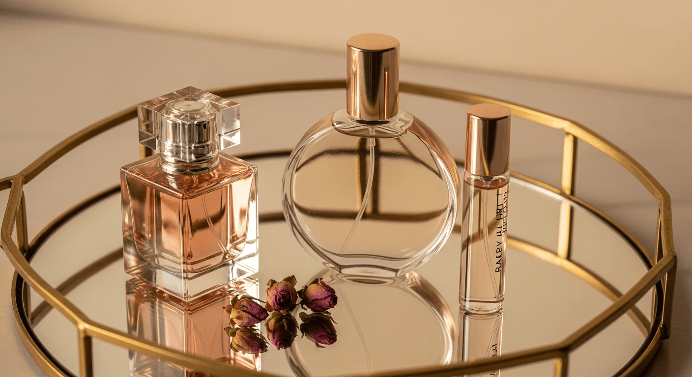 Elegant perfume bottles on mirrored surface in warm light