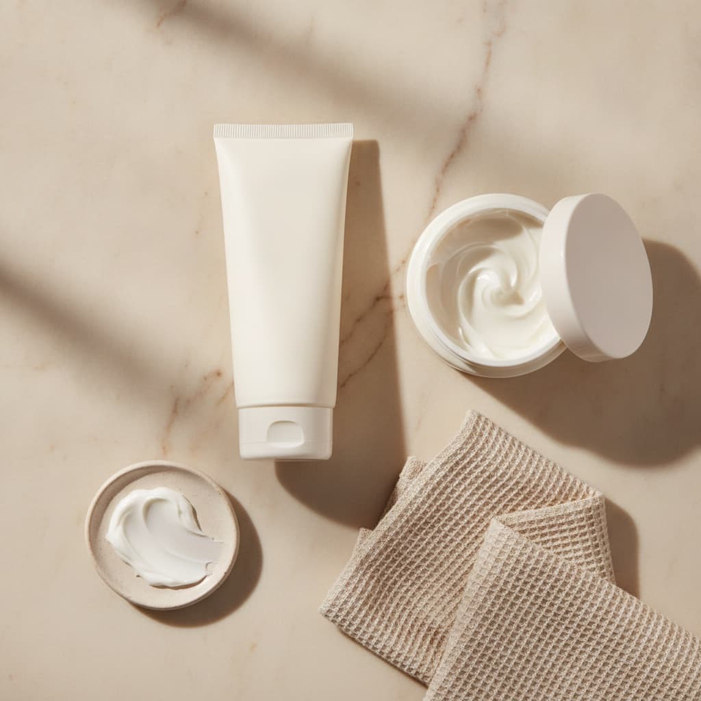 Un tube de crème corps sans étiquette et une serviette de coton écru sur un carrelage clair