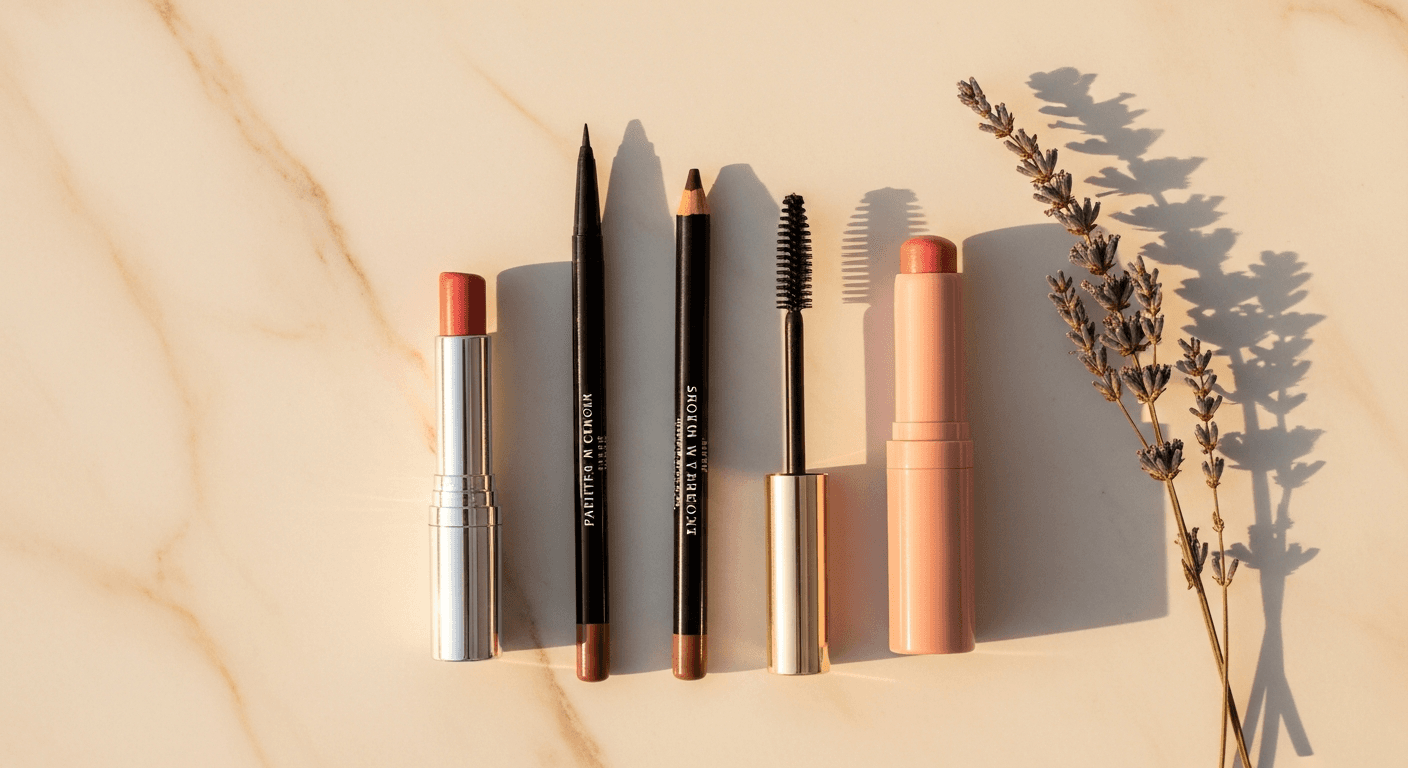 French makeup essentials including red lipstick on marble