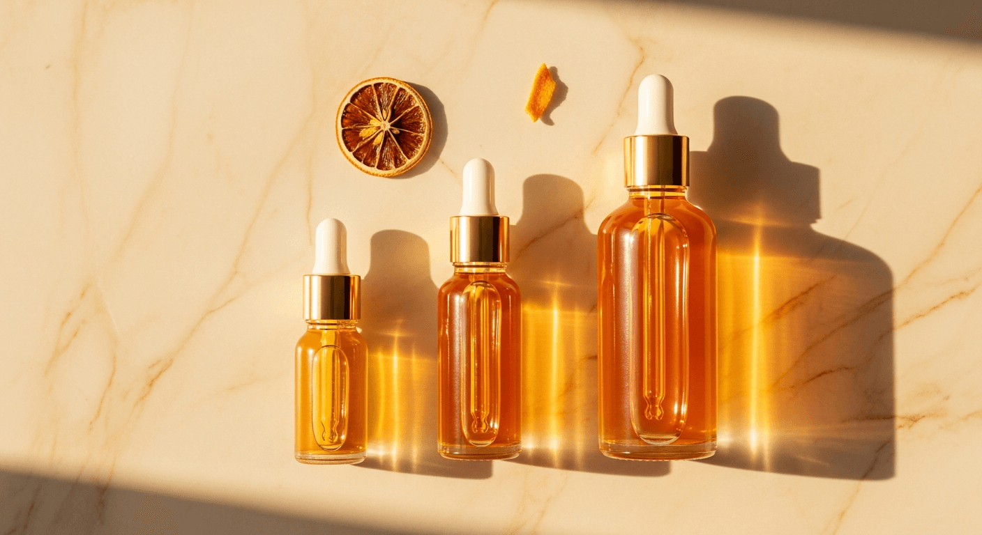 Vitamin C serums lined up on marble surface in morning light