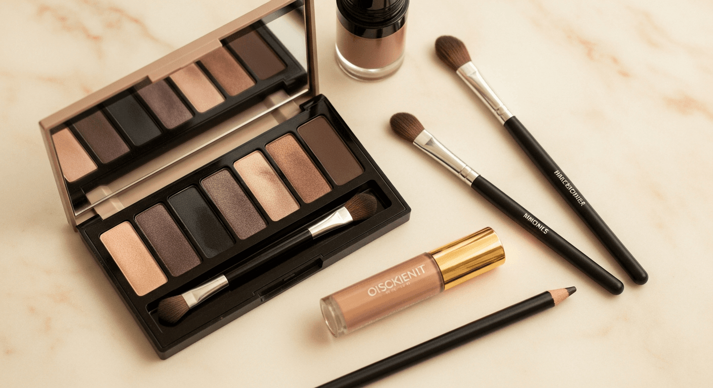 Smoky eye makeup tools and eyeshadow palette on beige surface
