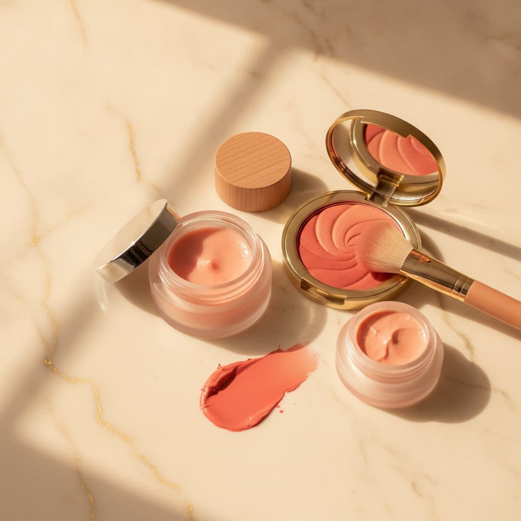 Blushs corail et pêche posés sur fond crème doré, textures gel et poudre, ambiance estivale ensoleillée