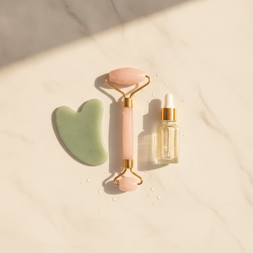 Composition éditoriale : gua sha en jade et rose quartz posé sur marbre crème, flacon de sérum yeux clair, lumière dorée matinale